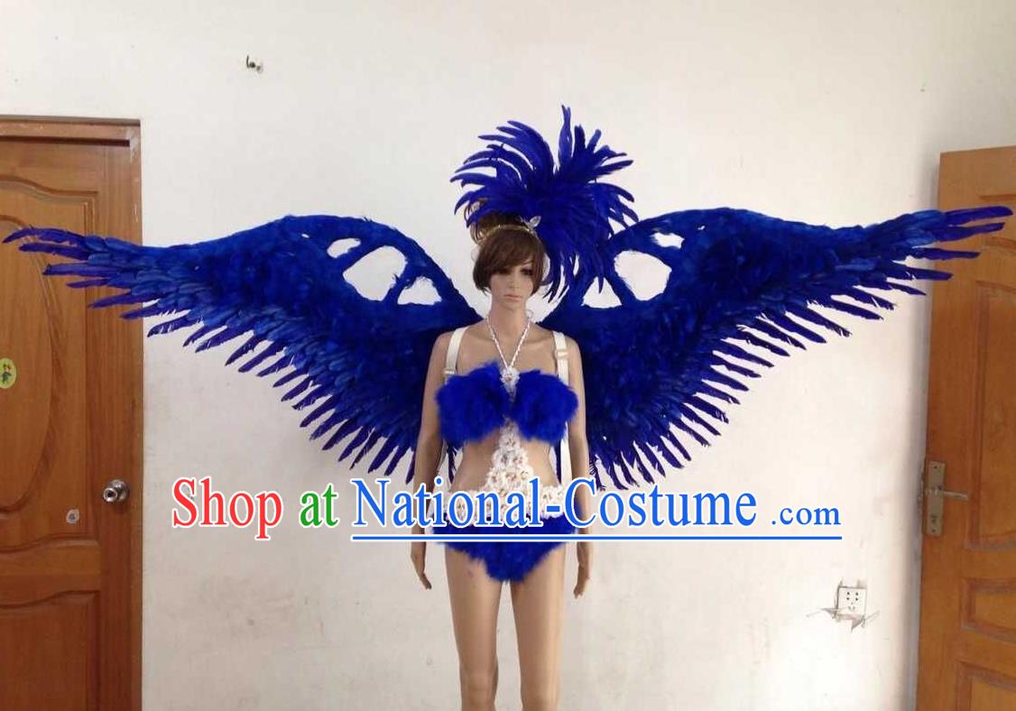 Top Grade Professional Performance Catwalks Royalblue Swimsuit, Brazilian Rio Carnival Parade Samba Opening Dance Bikini and Feather Wings for Women