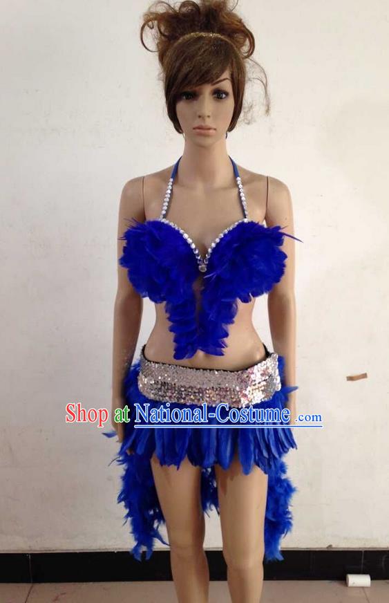 Top Grade Professional Performance Catwalks Royalblue Feather Swimsuit, Brazilian Rio Carnival Parade Samba Belly Dance Opening Dance Bikini for Women