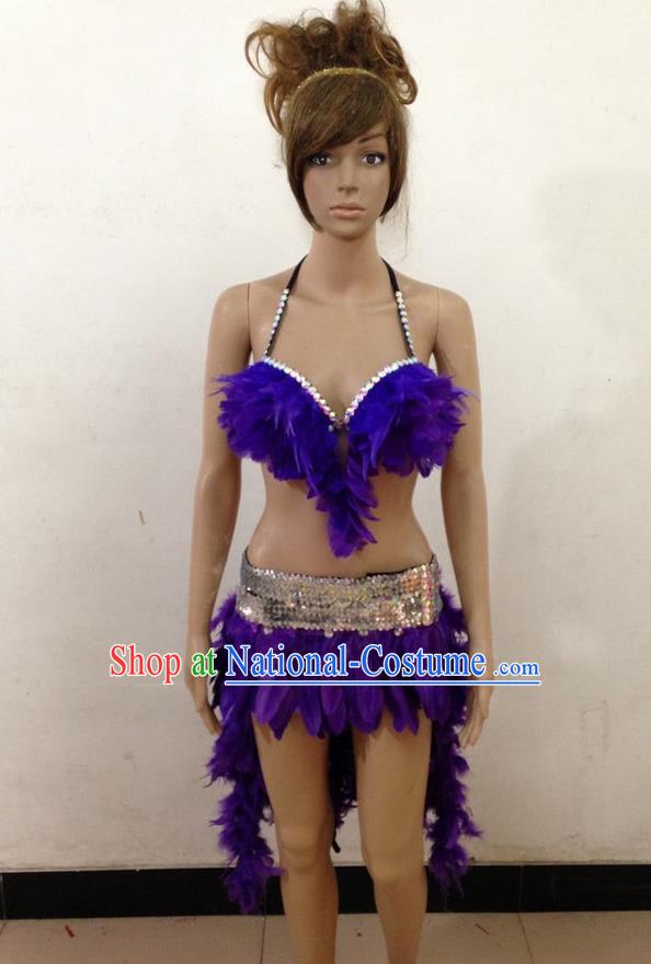 Top Grade Professional Performance Catwalks Purple Feather Swimsuit, Brazilian Rio Carnival Parade Samba Belly Dance Opening Dance Bikini for Women