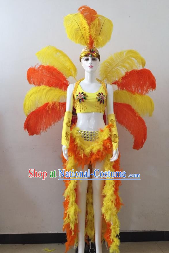 Top Grade Professional Performance Catwalks Yellow and Orange Feather Bikini and Headwear Wings, Brazilian Rio Carnival Samba Opening Dance Swimsuit Clothing for Women