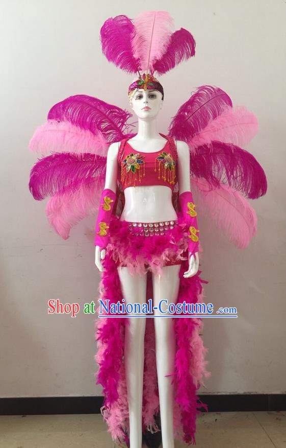 Top Grade Professional Performance Catwalks Rosy and Pink Feather Bikini and Headwear Wings, Brazilian Rio Carnival Samba Opening Dance Swimsuit Clothing for Women