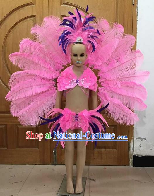 Top Grade Professional Performance Catwalks Bikini and Pink Feathers Wings, Brazilian Rio Carnival Samba Opening Dance Swimsuit Clothing for Girls