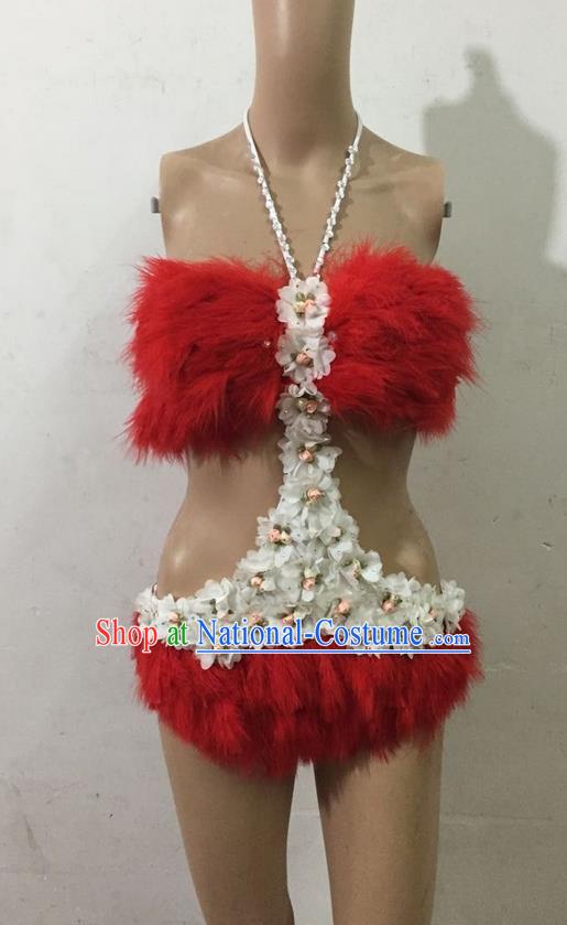 Top Grade Professional Performance Catwalks Red Swimsuit, Brazilian Rio Carnival Parade Samba Belly Dance Opening Dance Feather Bikini for Women