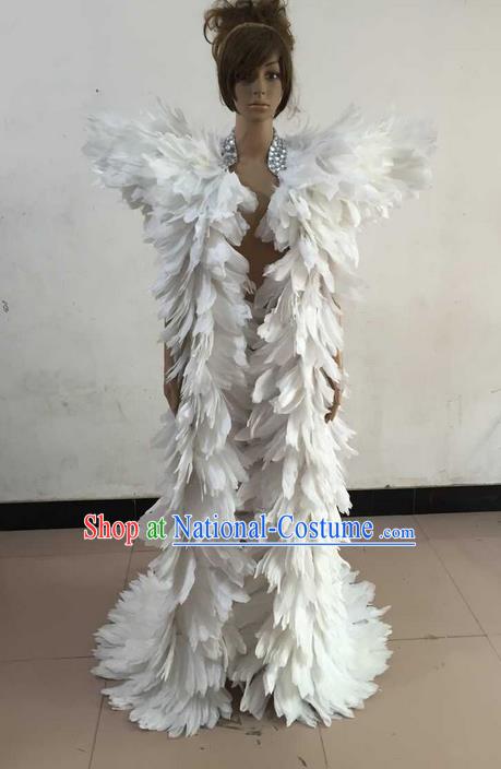 Top Grade Professional Performance Catwalks Feather Cape, Brazilian Rio Carnival Parade Samba Belly Dance Opening Dance White Feather Cloak for Women