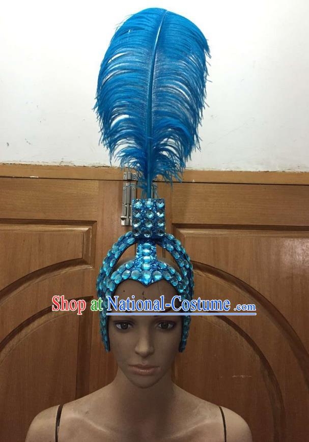 Top Grade Brazilian Rio Carnival Samba Dance Blue Feathers Hair Accessories Headpiece, Halloween Parade Feather Decorations Headwear for Women