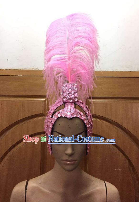 Top Grade Brazilian Rio Carnival Samba Dance Pink Feathers Hair Accessories Headpiece, Halloween Parade Feather Decorations Headwear for Women