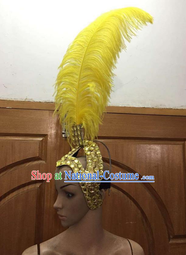 Top Grade Brazilian Rio Carnival Samba Dance Yellow Feathers Hair Accessories Headpiece, Halloween Parade Feather Decorations Headwear for Women