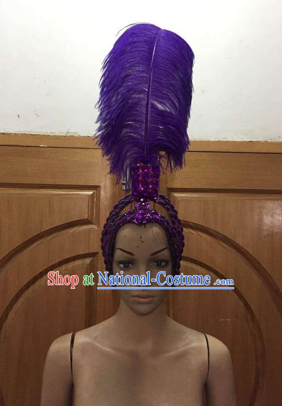 Top Grade Brazilian Rio Carnival Samba Dance Purple Feathers Hair Accessories Headpiece, Halloween Parade Feather Decorations Headwear for Women