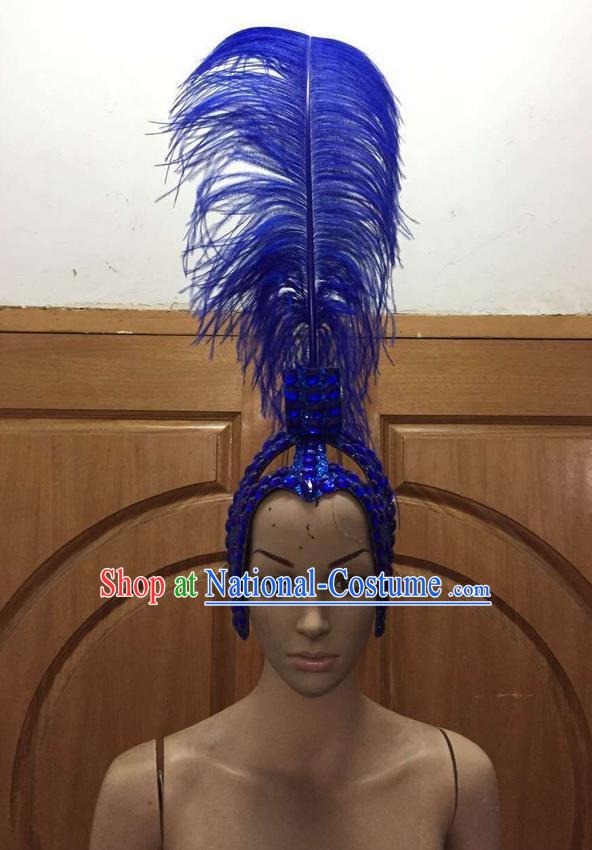 Top Grade Brazilian Rio Carnival Samba Dance Royalblue Feathers Hair Accessories Headpiece, Halloween Parade Feather Decorations Headwear for Women