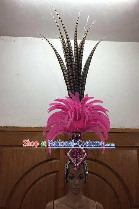 Top Grade Brazilian Rio Carnival Samba Dance Rosy Feathers Hair Accessories Deluxe Headpiece, Halloween Parade Feather Decorations Headwear for Women