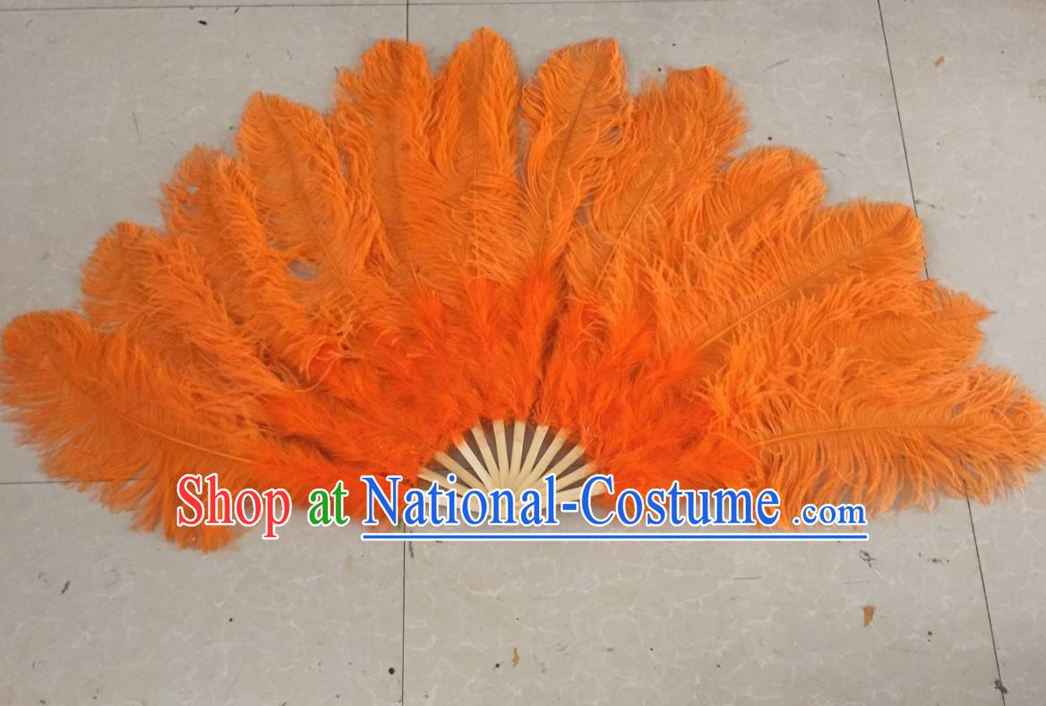 Top Grade Professional Performance Catwalks Orange Feather Big Fans, Brazilian Rio Carnival Parade Samba Dance Folding Fans