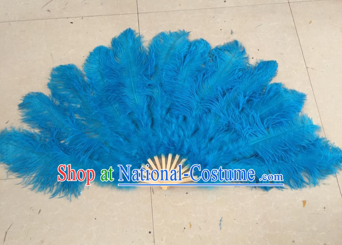 Top Grade Professional Performance Catwalks Blue Feather Big Fans, Brazilian Rio Carnival Parade Samba Dance Folding Fans