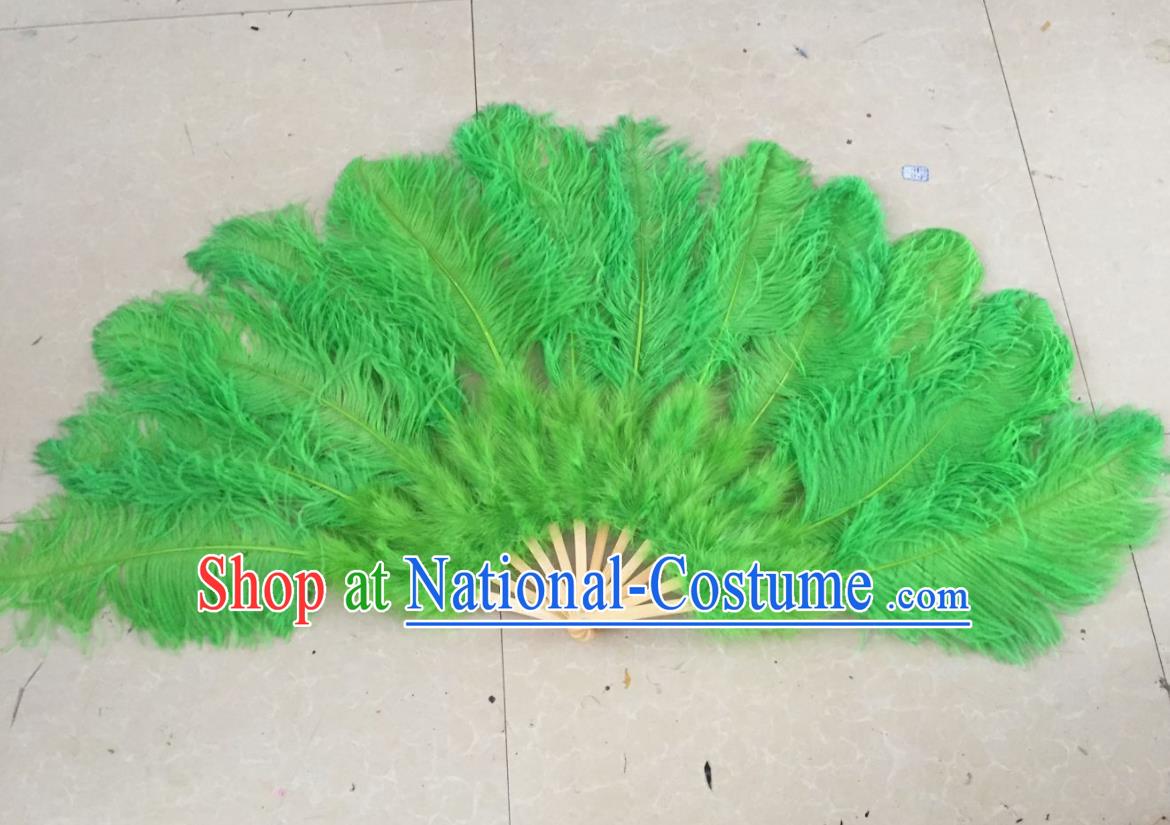 Top Grade Professional Performance Catwalks Green Feather Big Fans, Brazilian Rio Carnival Parade Samba Dance Folding Fans