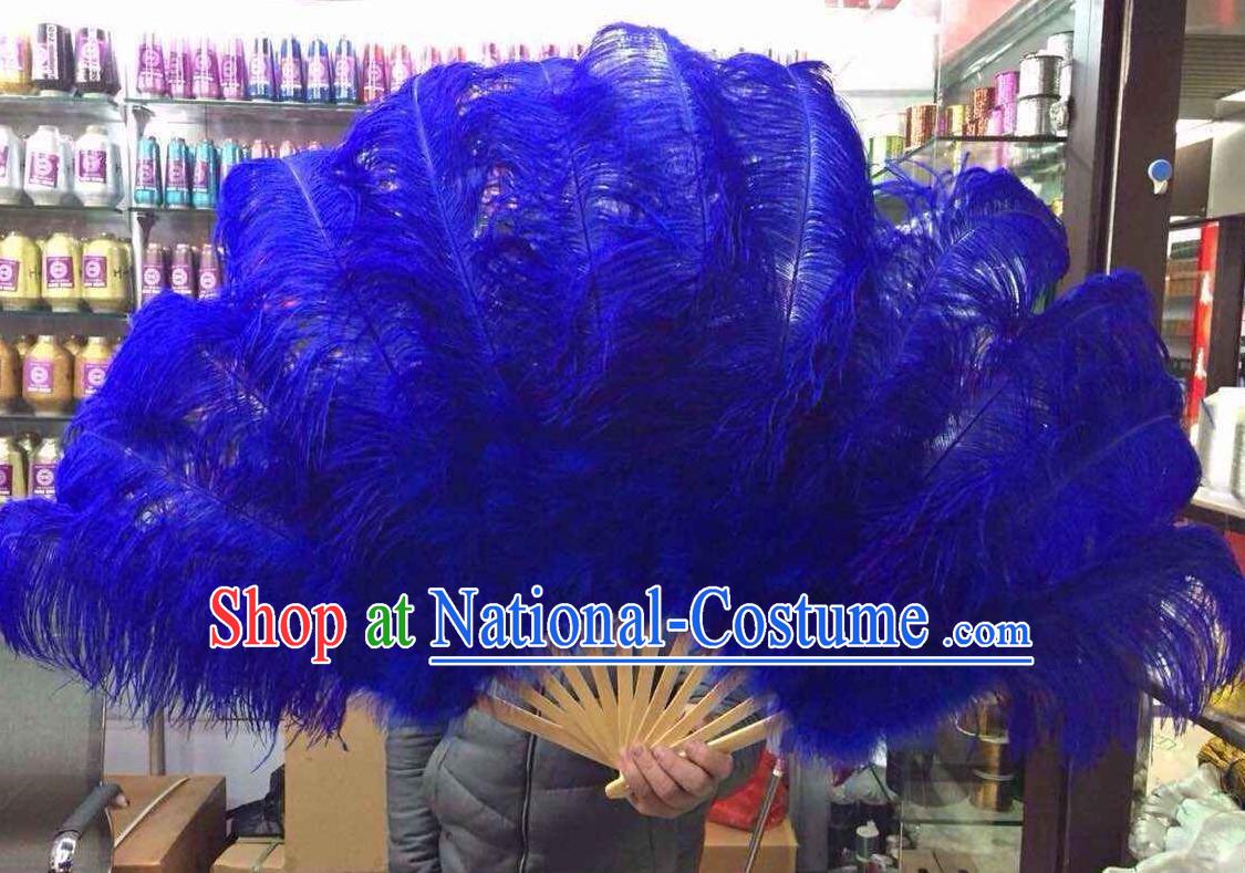 Top Grade Professional Performance Catwalks Royalblue Feather Big Fans, Brazilian Rio Carnival Parade Samba Dance Folding Fans