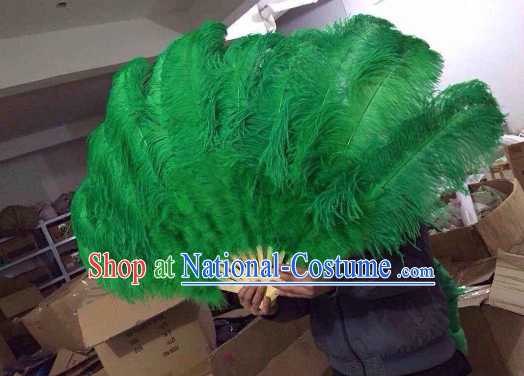 Top Grade Professional Performance Catwalks Deep Green Feather Big Fans, Brazilian Rio Carnival Parade Samba Dance Folding Fans