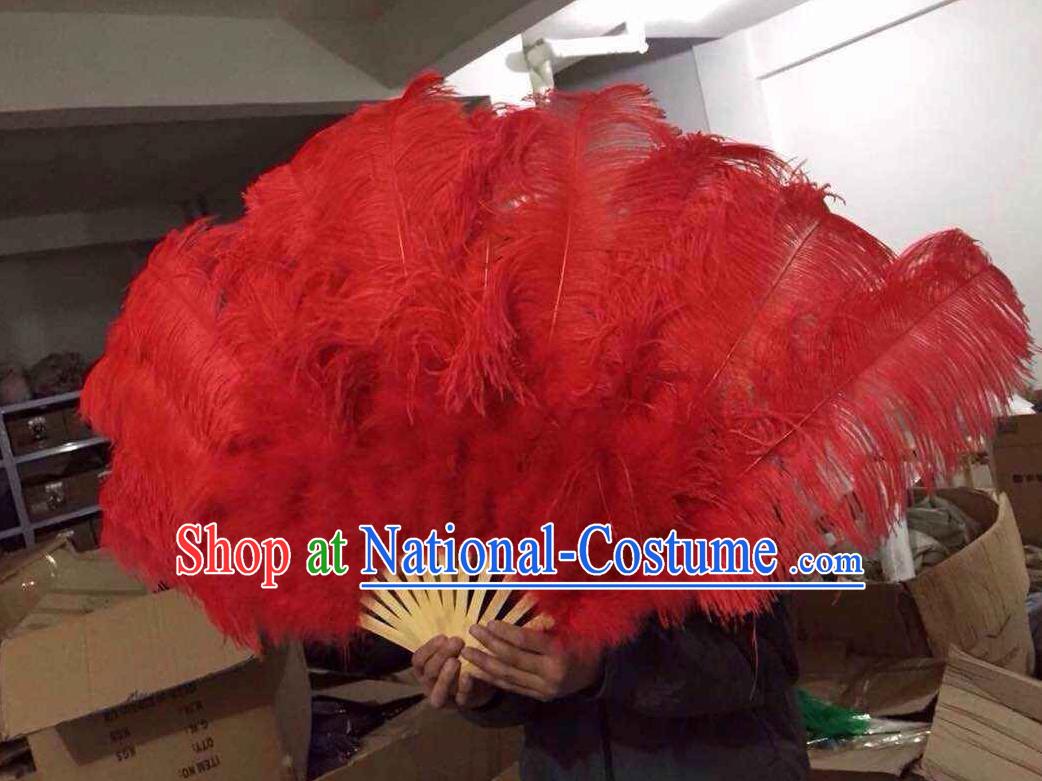 Top Grade Professional Performance Catwalks Red Feather Big Fans, Brazilian Rio Carnival Parade Samba Dance Folding Fans