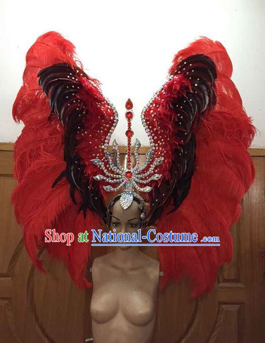 Top Grade Brazilian Rio Carnival Samba Dance Red Feathers Big Hair Accessories Deluxe Headpiece, Halloween Parade Feather Decorations Crystal Headwear for Women