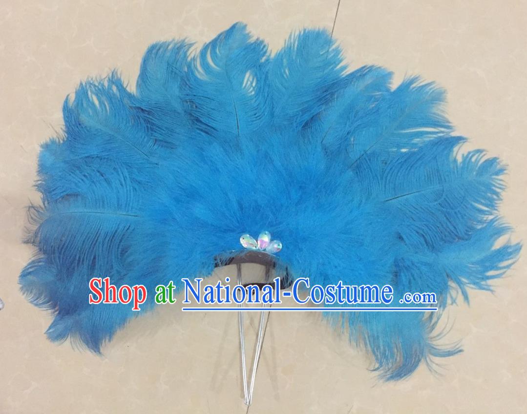 Top Grade Professional Performance Catwalks Blue Feathers Deluxe Hair Accessories, Brazilian Rio Carnival Parade Samba Dance Headdress for Women