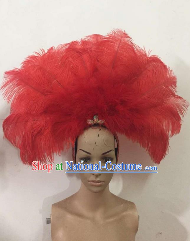 Top Grade Professional Performance Catwalks Red Feathers Deluxe Hair Accessories, Brazilian Rio Carnival Parade Samba Dance Headdress for Women