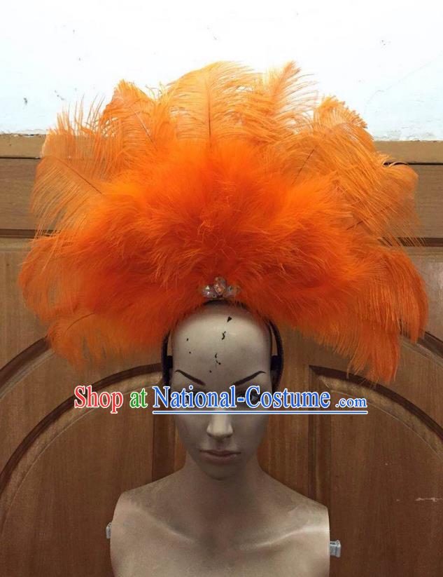 Top Grade Professional Performance Catwalks Orange Feathers Deluxe Hair Accessories, Brazilian Rio Carnival Parade Samba Dance Headdress for Women