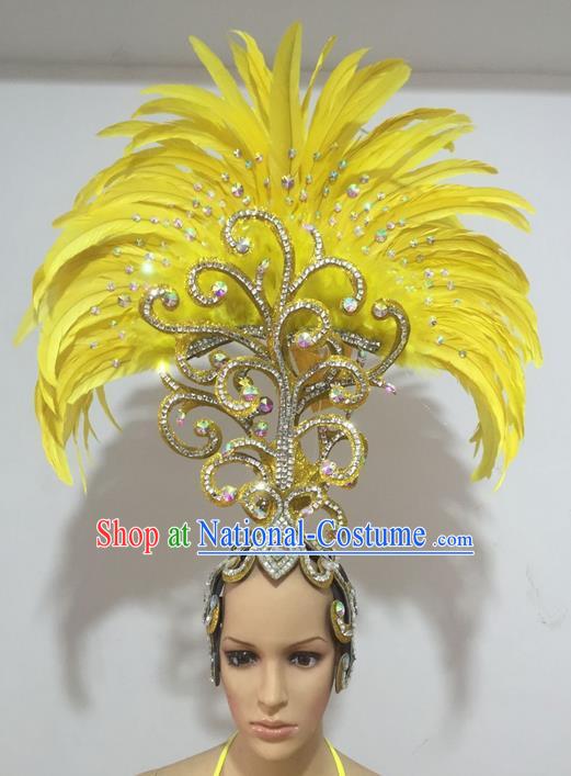 Top Grade Professional Performance Catwalks Yellow Feathers Hair Accessories, Brazilian Rio Carnival Parade Samba Dance Headdress for Women