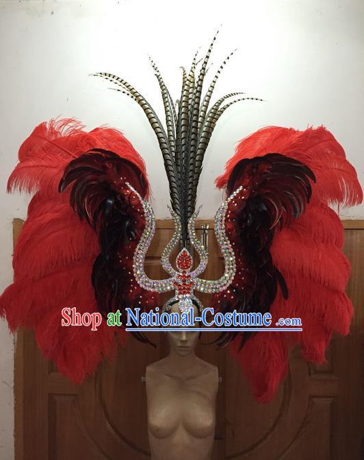 Top Grade Professional Performance Catwalks Red Feathers Big Hair Accessories, Brazilian Rio Carnival Parade Samba Dance Deluxe Headpiece for Women