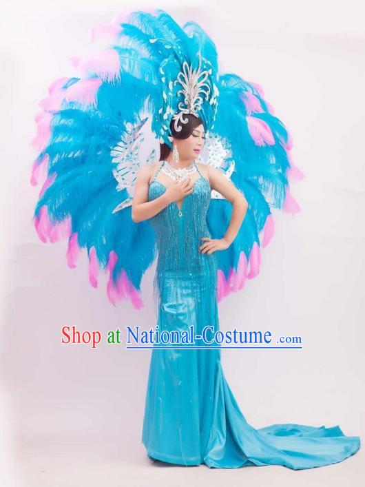 Top Grade Compere Professional Performance Catwalks Blue Feathers Wings and Headwear, Brazilian Rio Carnival Samba Opening Dance Modern Fancywork Feather Decorations