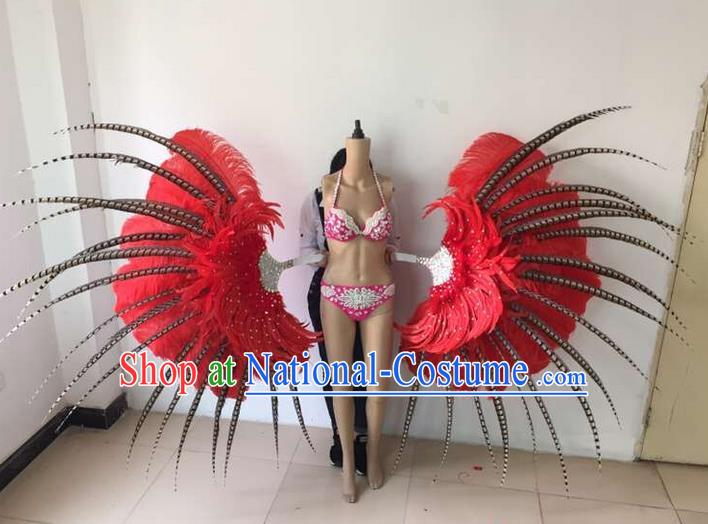 Top Grade Compere Professional Performance Catwalks Red Feathers Wings, Brazilian Rio Carnival Samba Opening Dance Modern Fancywork Feather Decorations for Women