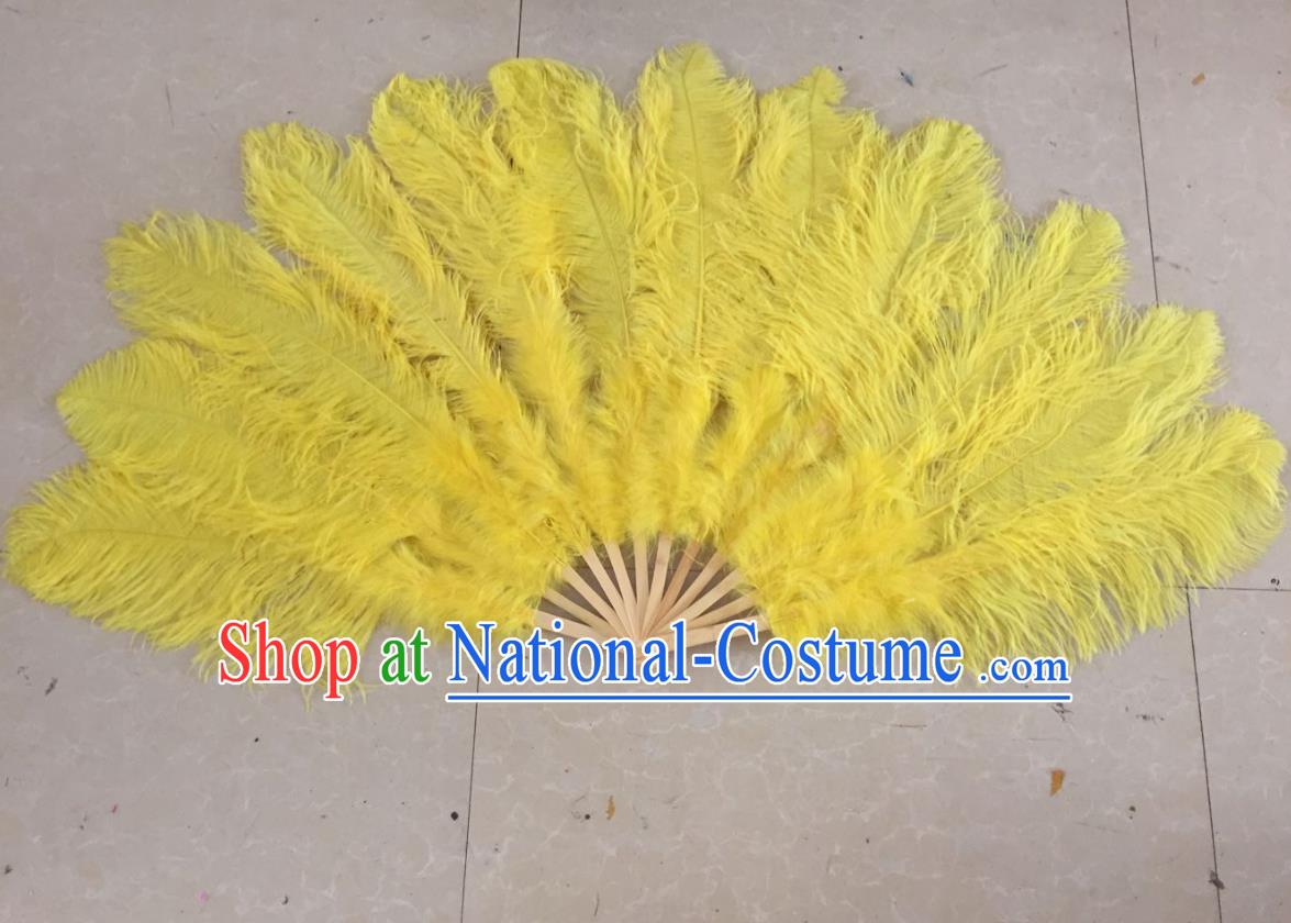 Top Grade Professional Performance Catwalks Yellow Feather Big Fans, Brazilian Rio Carnival Parade Samba Dance Folding Fans