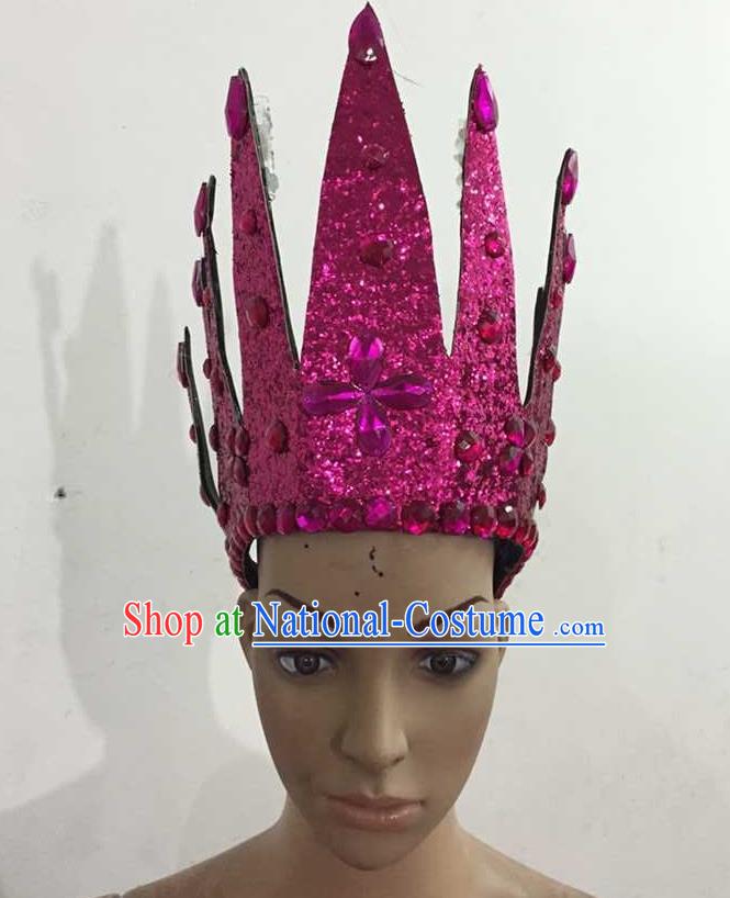 Top Grade Professional Performance Catwalks Hair Accessories, Brazilian Rio Carnival Parade Samba Dance Rosy Crystal Crown Headwear for Women