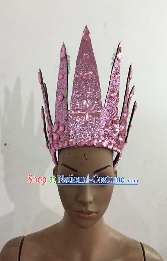 Top Grade Professional Performance Catwalks Hair Accessories, Brazilian Rio Carnival Parade Samba Dance Pink Crystal Crown Headwear for Women