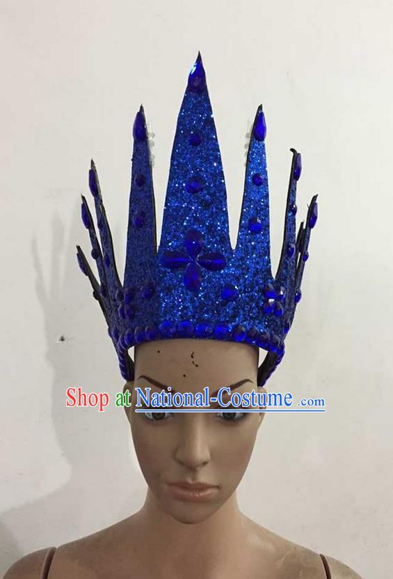 Top Grade Professional Performance Catwalks Hair Accessories, Brazilian Rio Carnival Parade Samba Dance Royalblue Crystal Crown Headwear for Women