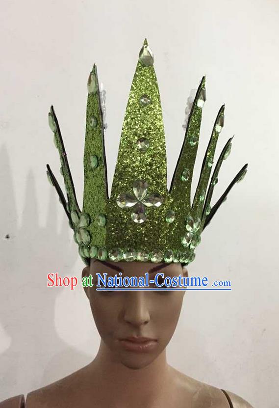 Top Grade Professional Performance Catwalks Hair Accessories, Brazilian Rio Carnival Parade Samba Dance Green Crystal Crown Headwear for Women