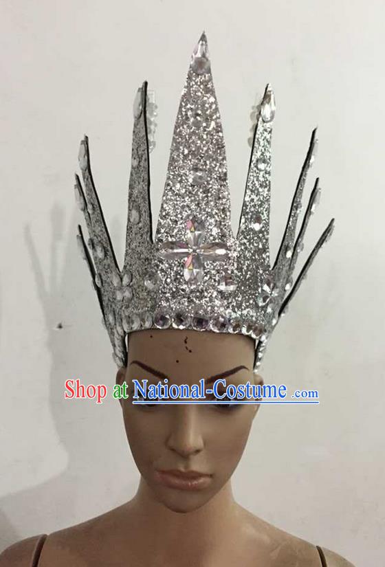 Top Grade Professional Performance Catwalks Hair Accessories, Brazilian Rio Carnival Parade Samba Dance White Crystal Crown Headwear for Women