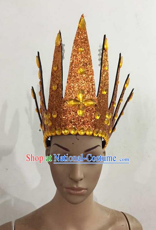 Top Grade Professional Performance Catwalks Hair Accessories, Brazilian Rio Carnival Parade Samba Dance Orange Crystal Crown Headwear for Women