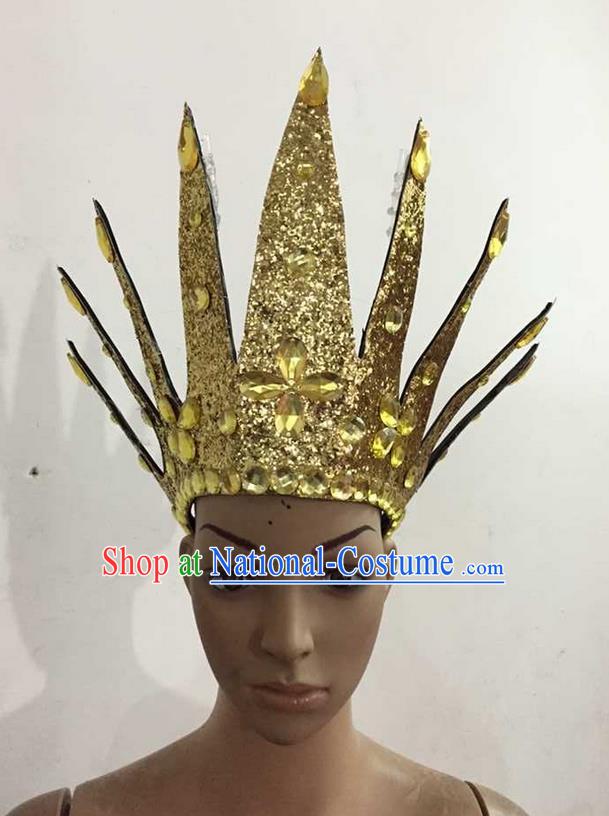 Top Grade Professional Performance Catwalks Hair Accessories, Brazilian Rio Carnival Parade Samba Dance Golden Crystal Crown Headwear for Women