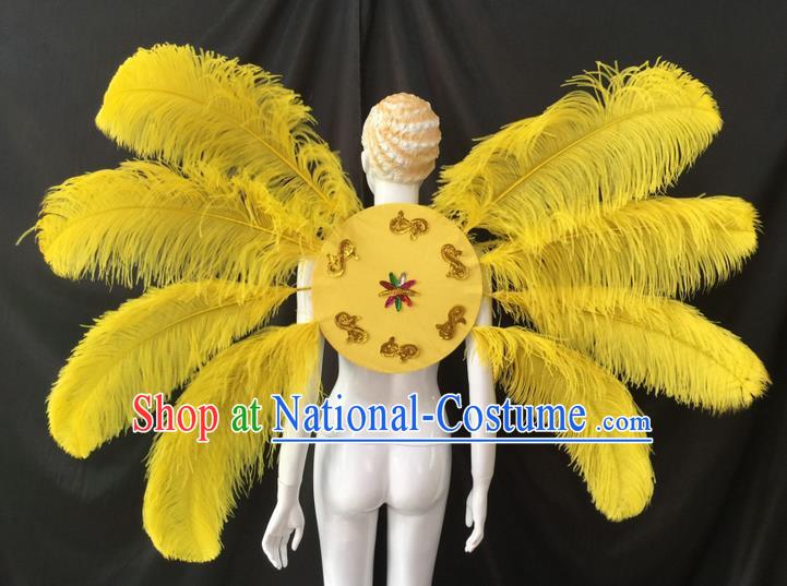 Top Grade Professional Performance Catwalks Yellow Feathers Decorations Backplane, Brazilian Rio Carnival Parade Samba Dance Wings for Women