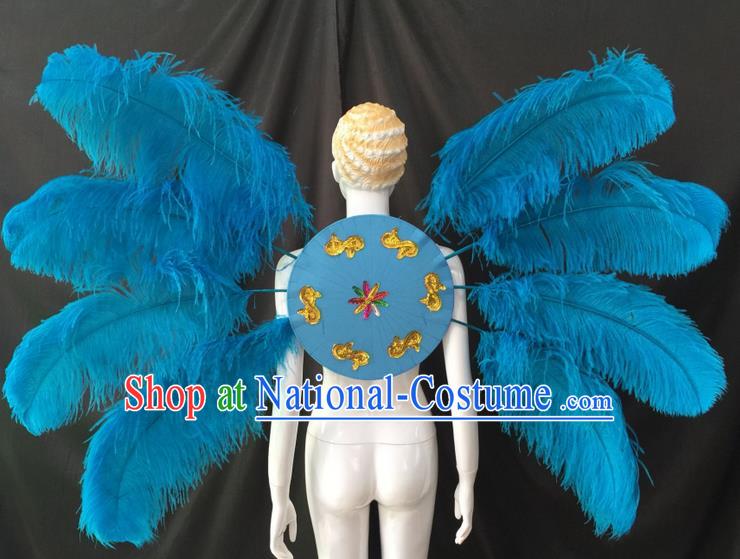 Top Grade Professional Performance Catwalks Blue Feathers Decorations Backplane, Brazilian Rio Carnival Parade Samba Dance Wings for Women