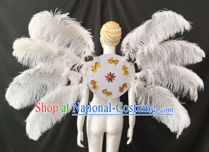 Top Grade Professional Performance Catwalks White Feathers Decorations Backplane, Brazilian Rio Carnival Parade Samba Dance Wings for Women