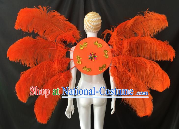 Top Grade Professional Performance Catwalks Orange Feathers Decorations Backplane, Brazilian Rio Carnival Parade Samba Dance Wings for Women