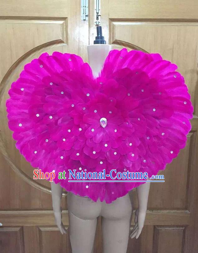 Top Grade Professional Performance Catwalks Rosy Feathers Decorations Heart-shaped Backplane, Brazilian Rio Carnival Parade Samba Dance Props for Women