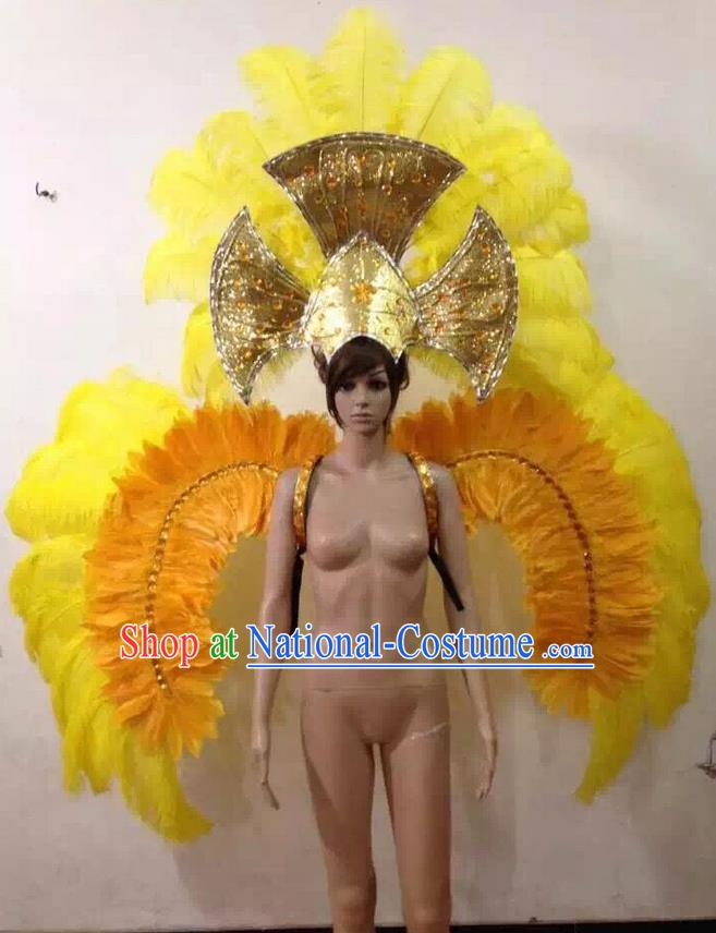 Top Grade Professional Performance Catwalks Halloween Yellow Feathers Decorations Backplane and Headwear, Brazilian Rio Carnival Parade Samba Dance Wings for Women