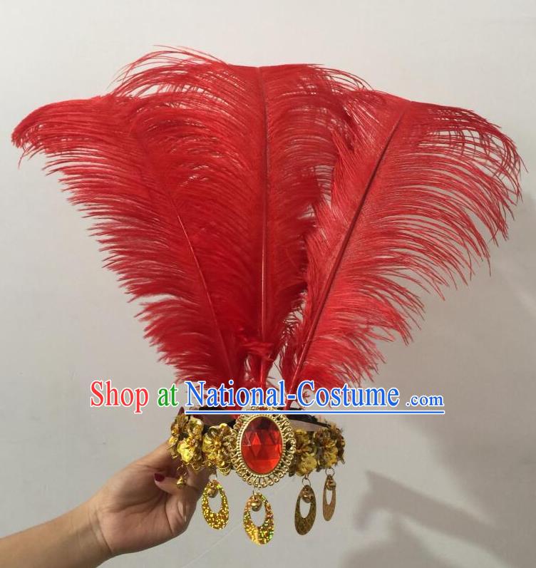 Top Grade Professional Performance Catwalks Halloween Red Feathers Head Decorations Headpiece, Brazilian Rio Carnival Parade Samba Dance Headwear for Women