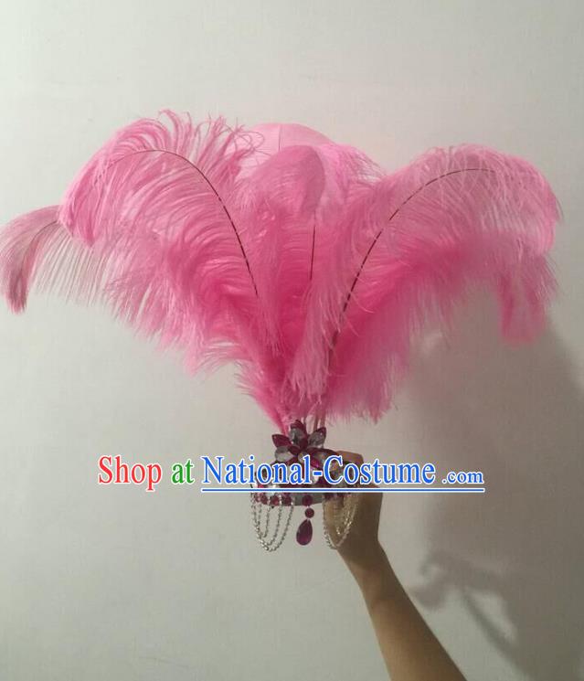 Top Grade Professional Performance Catwalks Halloween Pink Feathers Head Decorations Headpiece, Brazilian Rio Carnival Parade Samba Dance Headwear for Women