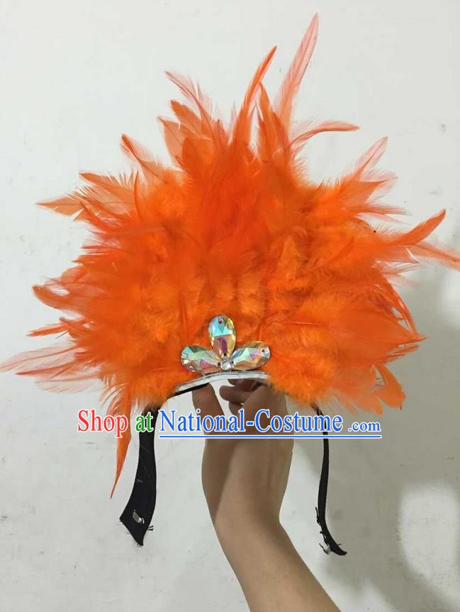 Top Grade Professional Performance Catwalks Halloween Orange Feathers Head Decorations Headpiece, Brazilian Rio Carnival Parade Samba Dance Headwear for Kids