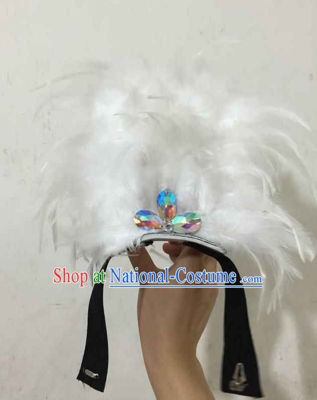 Top Grade Professional Performance Catwalks Halloween White Feathers Head Decorations Headpiece, Brazilian Rio Carnival Parade Samba Dance Headwear for Kids