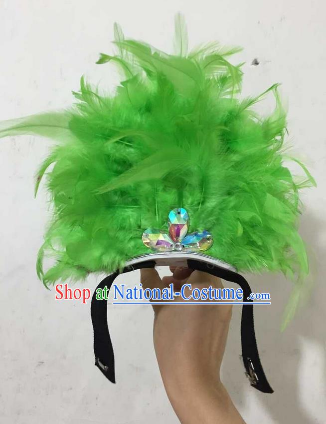 Top Grade Professional Performance Catwalks Halloween Green Feathers Head Decorations Headpiece, Brazilian Rio Carnival Parade Samba Dance Headwear for Kids