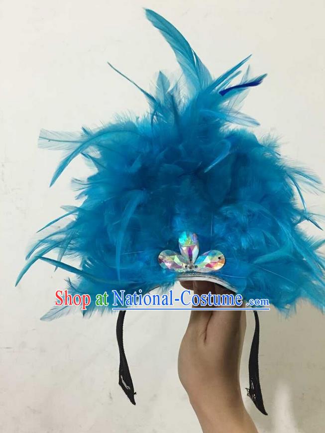 Top Grade Professional Performance Catwalks Halloween Blue Feathers Head Decorations Headpiece, Brazilian Rio Carnival Parade Samba Dance Headwear for Kids