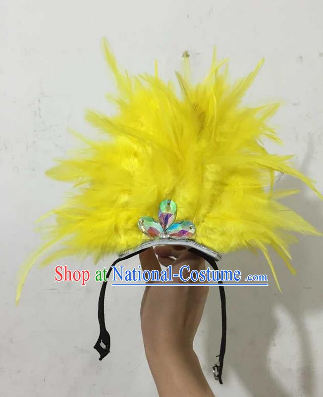 Top Grade Professional Performance Catwalks Halloween Yellow Feathers Head Decorations Headpiece, Brazilian Rio Carnival Parade Samba Dance Headwear for Kids