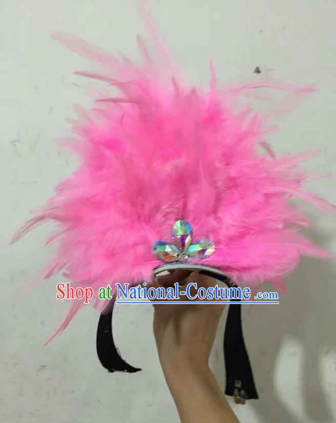 Top Grade Professional Performance Catwalks Halloween Pink Feathers Head Decorations Headpiece, Brazilian Rio Carnival Parade Samba Dance Headwear for Kids